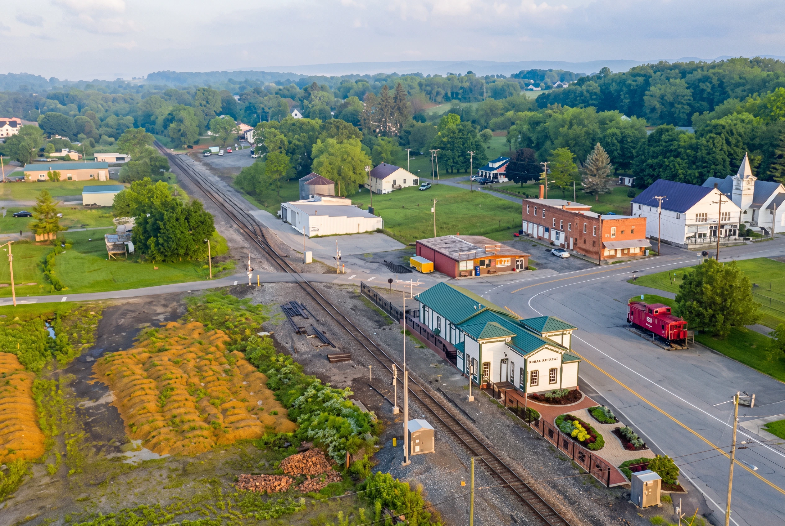 Aerial view of downtown Rural Retreat with the railroad, Main Street buildings, and a white church steeple.